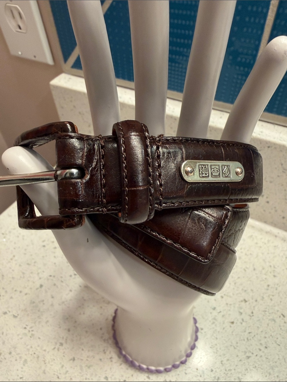 Lauren Ralph Lauren Dark Brown Croc-Embossed Leather Belt with Metal Plaque